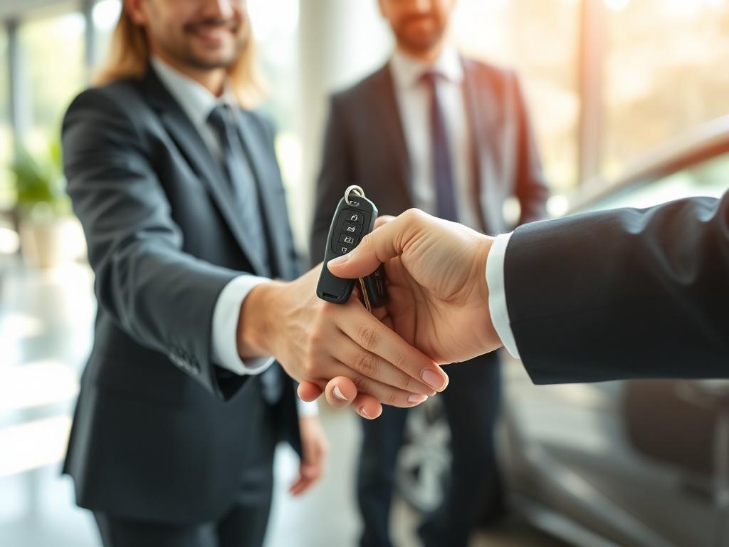 A close-up shot of a satisfied customer shaking hands with a Car Agent representative in a bright, inviting office setting. The customer holds a set of car keys with a smile, while the agent offers a professional demeanor. The background is softly blurred to emphasize the handshake, with natural light streaming in, creating a warm atmosphere. The image should reflect trust and happiness in the car-selling process, shot with a 45mm f/1.2 lens style.