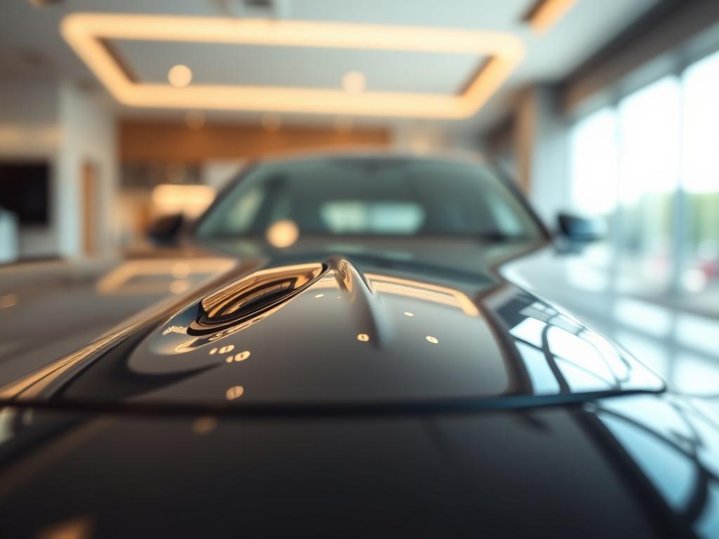 A close-up of a beautifully polished car showcased in a well-lit environment. The background should be blurred to emphasize the car's features, creating a sense of exclusivity. The shot should capture the shine and details of the car, reflecting its pristine condition. Use a soft focus technique to draw attention to the vehicle while maintaining an elegant atmosphere.