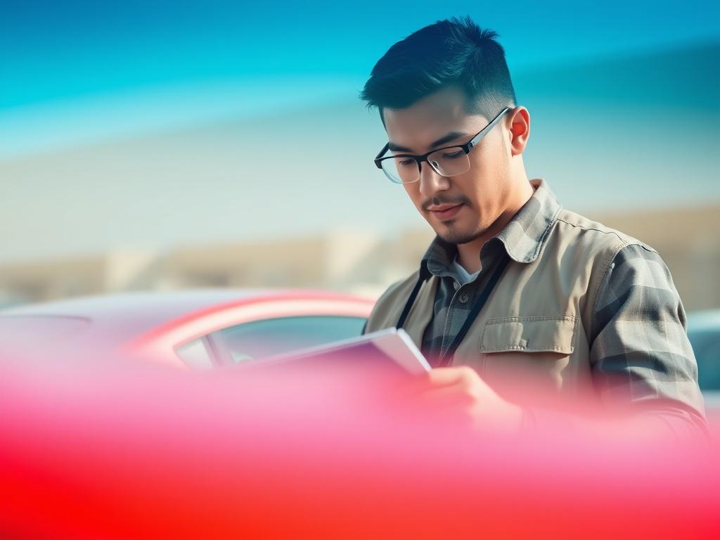 A close-up shot of a professional appraiser examining a car, with a clipboard in hand. The background should be slightly out of focus, showcasing the car’s features. The appraiser should be focused and engaged, emphasizing professionalism. Use natural lighting to highlight the car's color and details, creating an inviting and trustworthy atmosphere.
