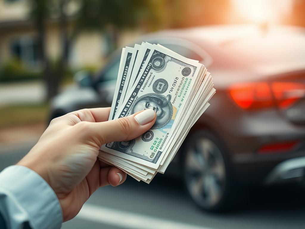 A close-up shot of a hand holding cash with a blurred car in the background. The cash should be crisp and new, indicating immediate value. The car in the background should be out of focus, suggesting a successful sale. The composition should highlight the cash prominently, featuring a soft bokeh effect to create an appealing depth of field.