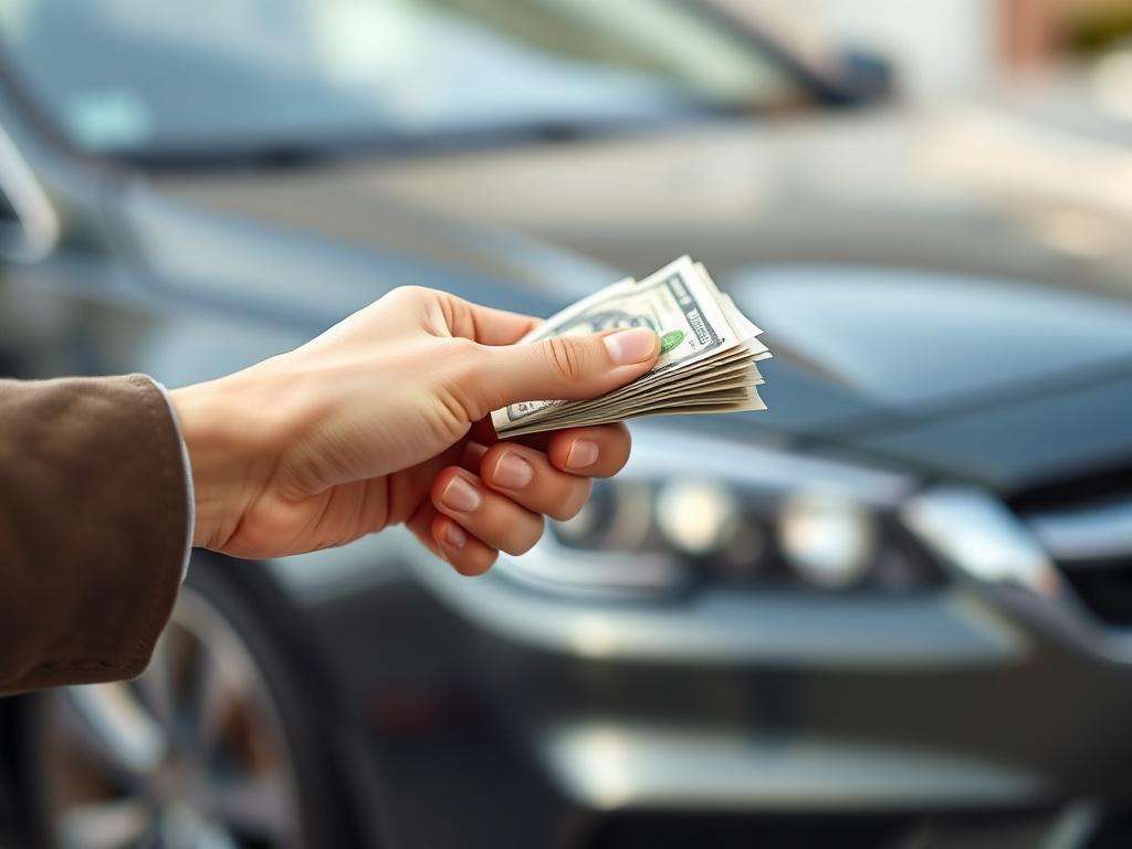 A close-up of a hand receiving cash from another hand, with a car in the background. The scene conveys a successful transaction, highlighting the moment of receiving cash for a vehicle sale. The background should be slightly blurred, focusing on the exchange while giving context of a car sale. The overall image should be clear and vibrant, in line with the primary color rgb(50, 170, 39).