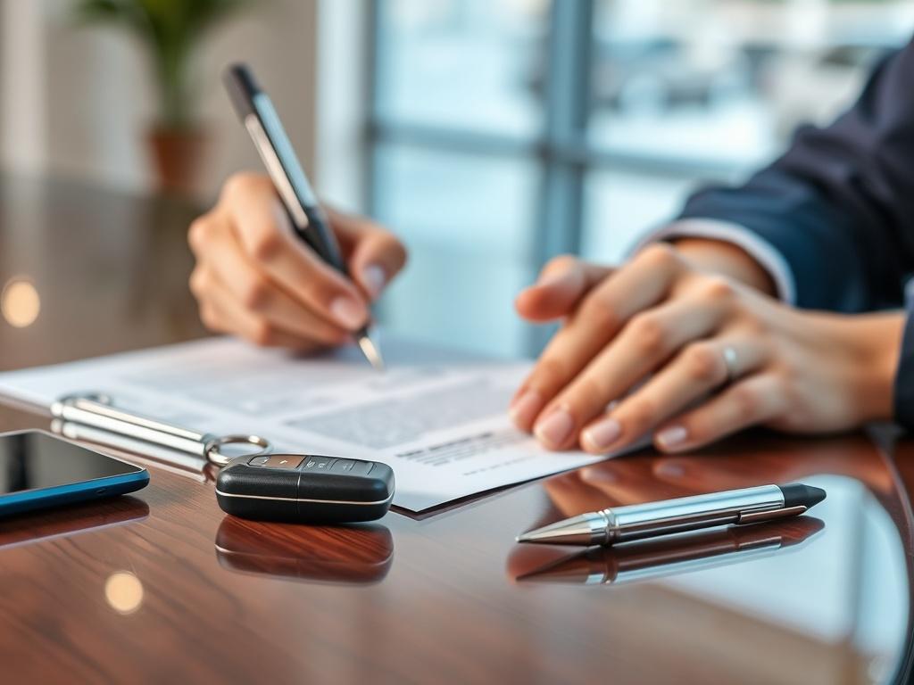 A close-up of hands signing paperwork on a desk, with a car key and a pen beside it. The scene depicts the conclusion of a vehicle sale, emphasizing the important paperwork involved. The background should be simple yet modern, reflecting a professional setting. The color scheme should be vibrant and realistic, aligned with the primary color rgb(50, 170, 39).
