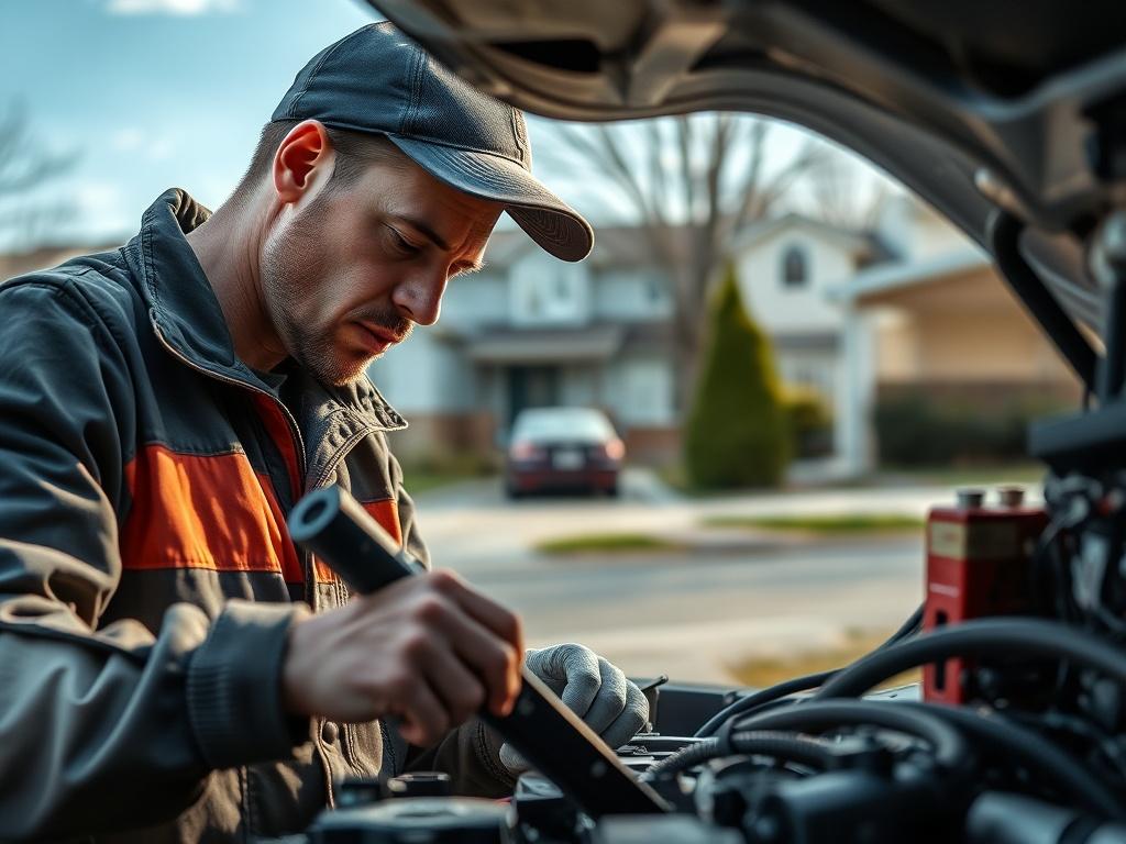 A close-up of a mechanic inspecting a car at a driveway, with tools in hand and a focused expression. The background features a residential neighborhood, emphasizing a home setting. The image captures the mechanic's concentration and professionalism, showcasing the inspection process. The colors should be realistic and vibrant, harmonizing with the primary color rgb(50, 170, 39).