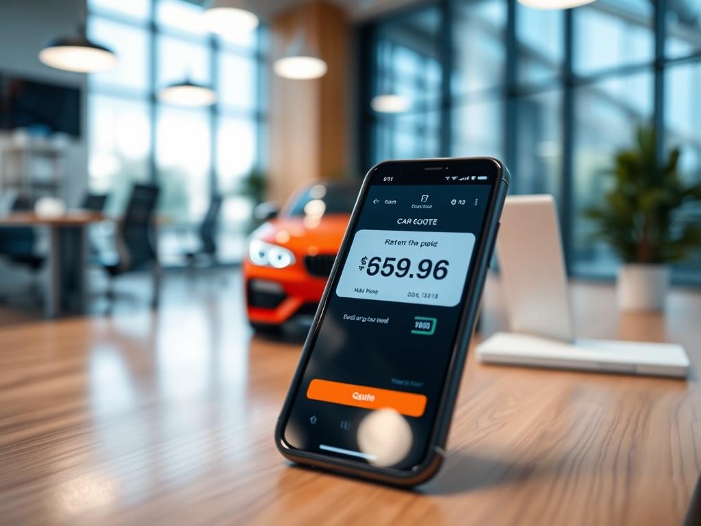 A close-up shot of a smartphone displaying a car quote, with a blurred background of a well-lit office space. The phone screen shows a digital quote for a car, emphasizing clarity and detail. The surrounding environment is modern and tidy, reflecting a professional atmosphere. The image should be realistic, with vibrant colors that complement the primary color rgb(50, 170, 39).