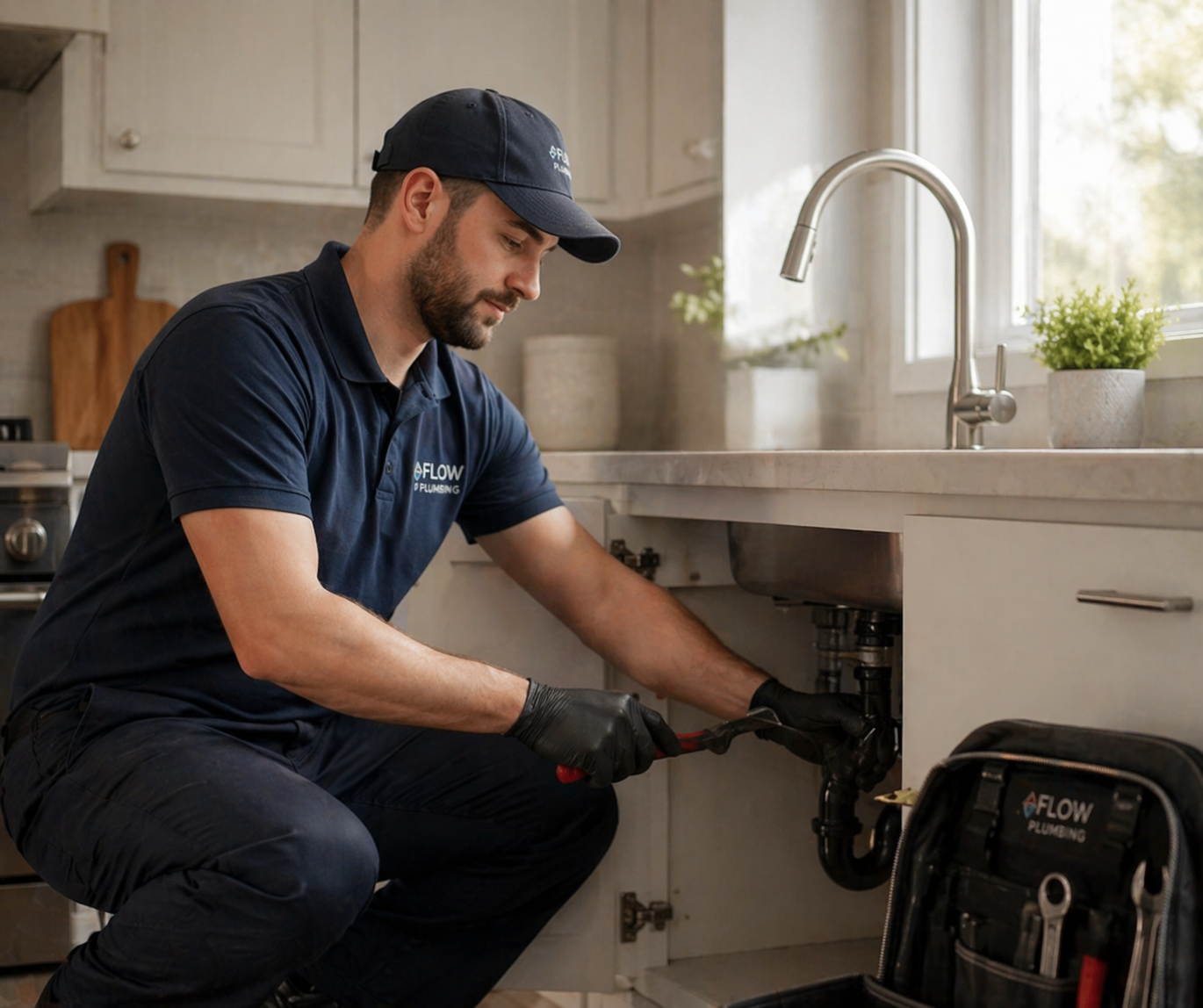 Professional plumber working on residential plumbing