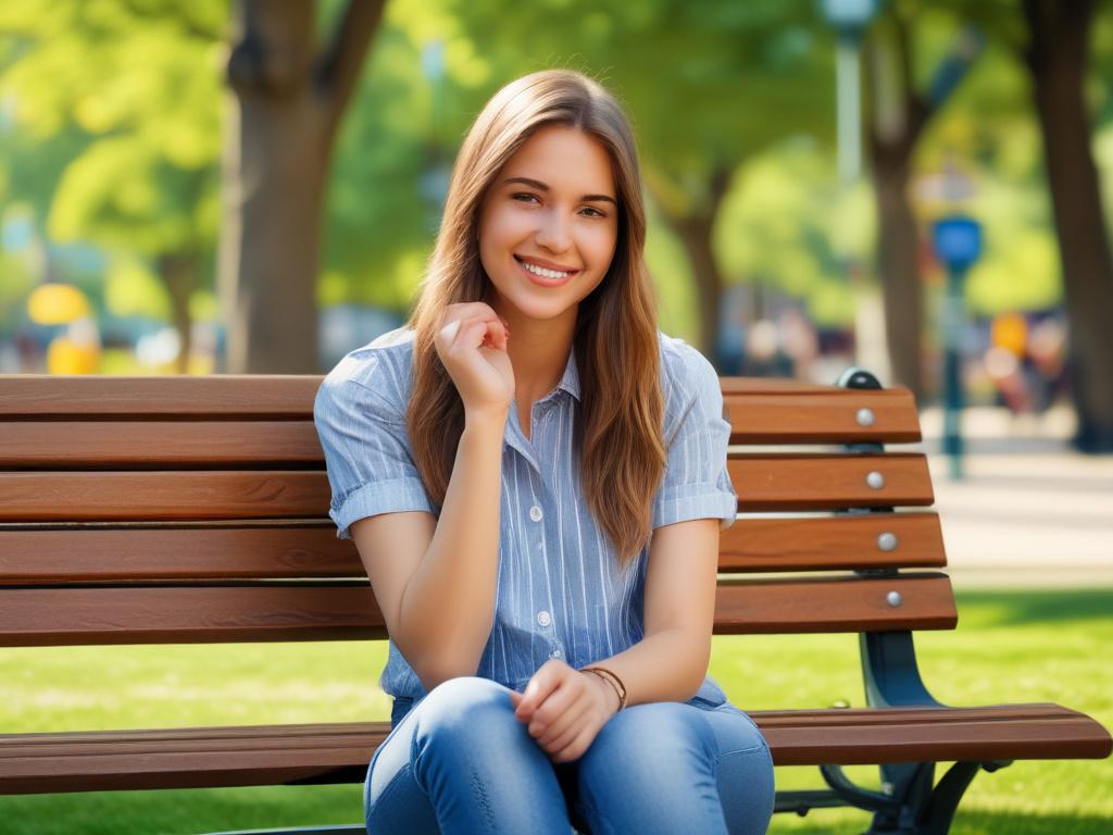 A beautiful young female college student in casual attire, sitting