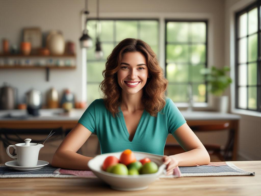 A charming housewife, dressed casually, smiling warmly while sitting at
