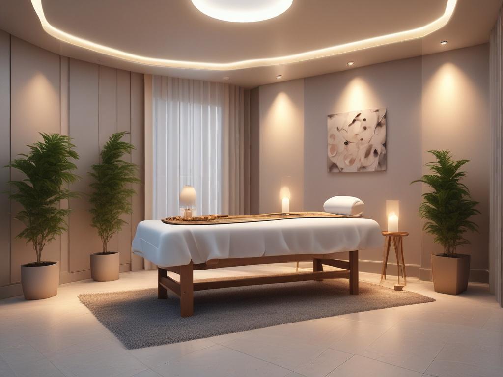 A serene and inviting massage room with soft lighting and