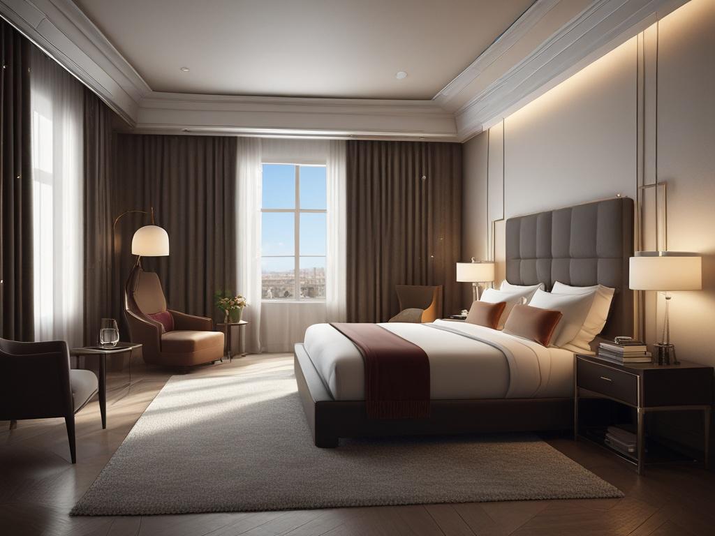 A glamorous escort arriving at a luxurious hotel room, elegantly