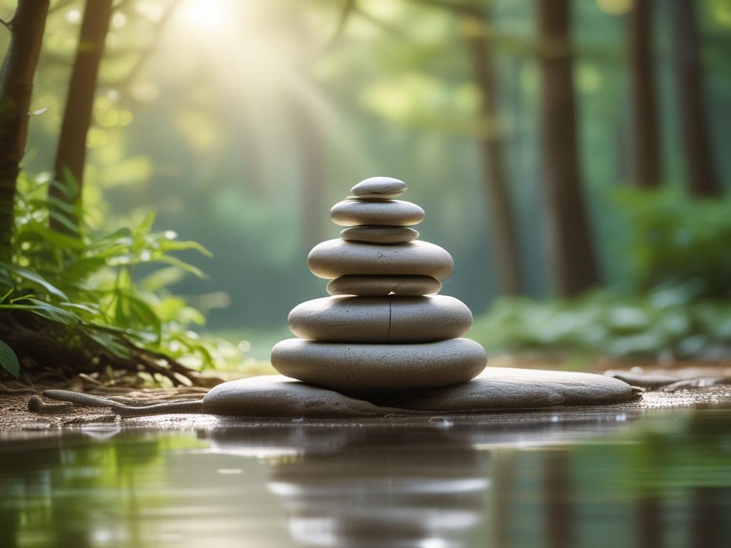 realistic high-resolution photo of a serene wellness setting with soft tones, gentle lighting, and a single subject practicing mindfulness, surrounded by nature, evoking peace and tranquility.