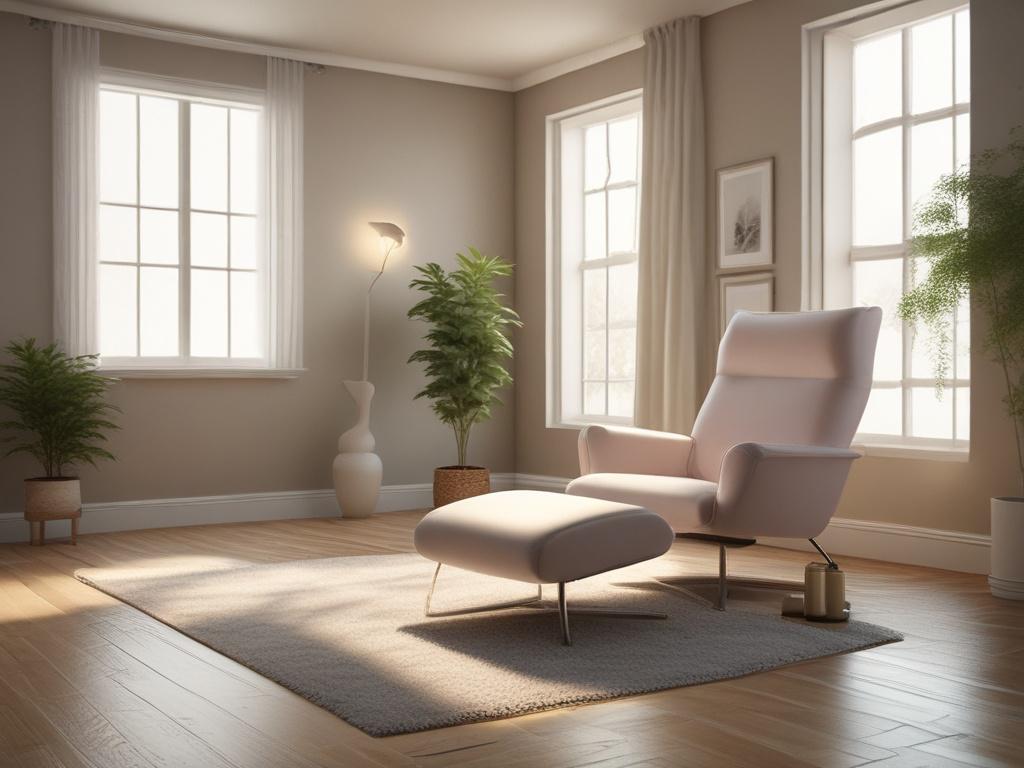 A serene, peaceful detox room with calming colors, featuring a