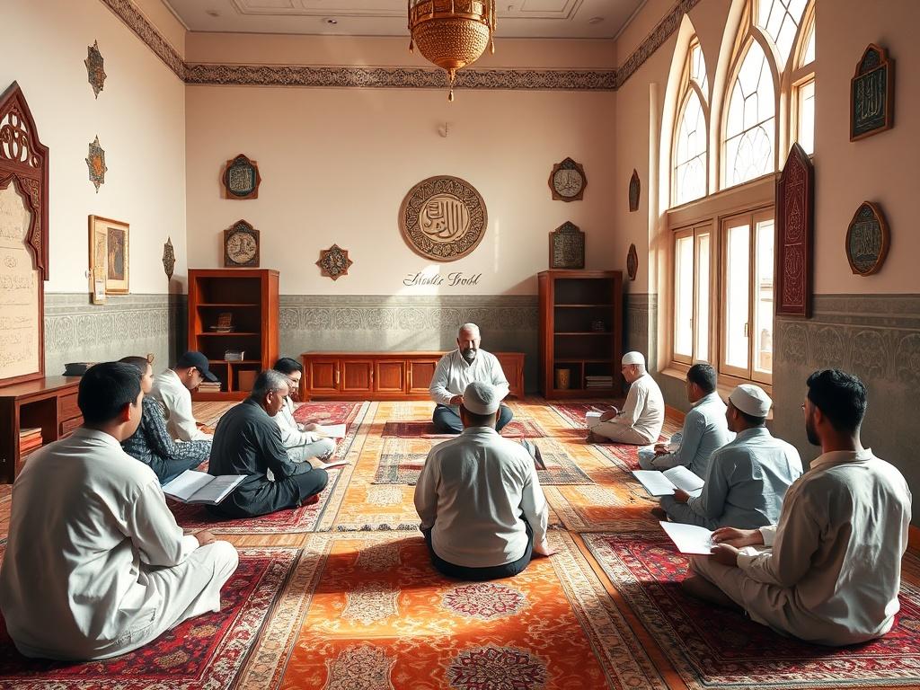 An inviting Islamic classroom with students studying religious texts. The room is decorated with subtle Islamic art and symbols, creating a spiritual atmosphere. Students are seated on colorful rugs, engaged in discussions with a knowledgeable teacher at the front. Soft, natural lighting filters through the windows, enhancing the sense of tranquility. The setting reflects a harmonious blend of education and spirituality, fostering a deep understanding of Islamic teachings.