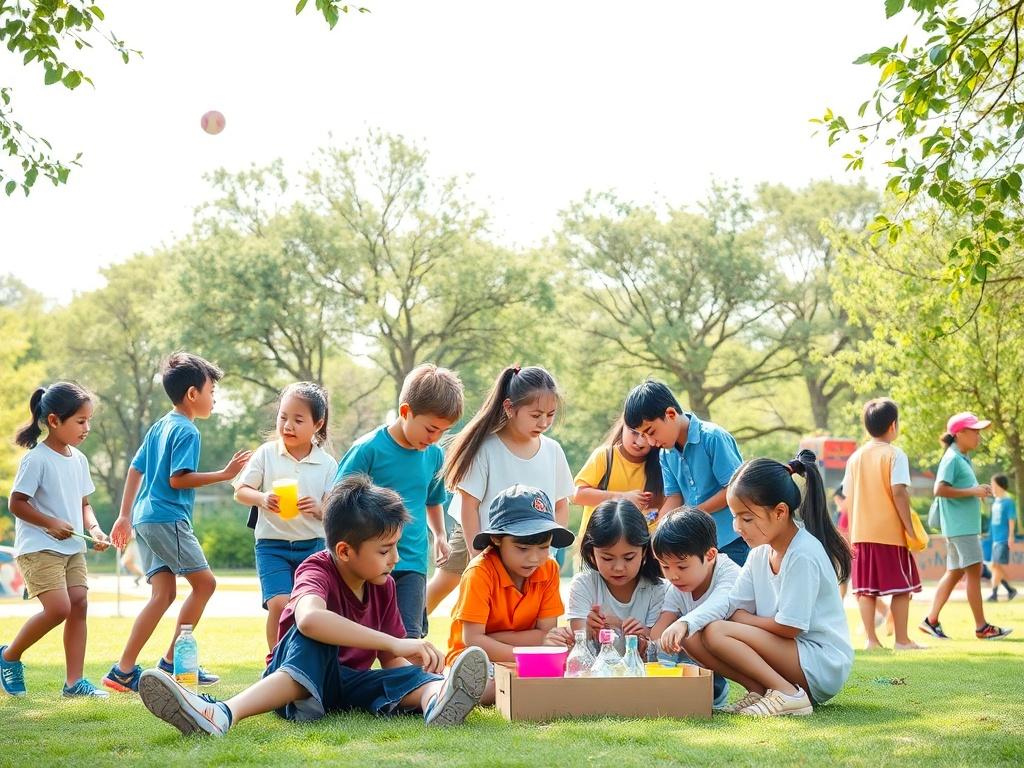 A vibrant outdoor scene showcasing diverse students participating in various extracurricular activities. Some students are playing sports, while others are engaged in arts and crafts. A group is gathered around a science project, demonstrating teamwork and creativity. The background features green trees and a bright sky, emphasizing a lively and dynamic school environment. The image captures the essence of community and collaboration among students, highlighting the school’s commitment to holistic education