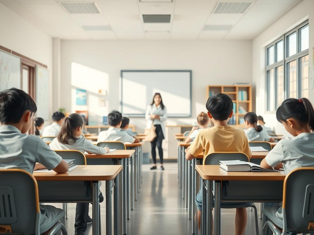 A serene classroom setting in a western-style school, featuring students engaged in learning activities. The classroom is filled with natural light, showcasing desks arranged neatly with books and educational materials. In the background, a teacher is guiding a small group of students. The atmosphere is calm and focused, reflecting a positive learning environment. The color palette includes soft tones and gentle lighting, creating a peaceful ambiance.