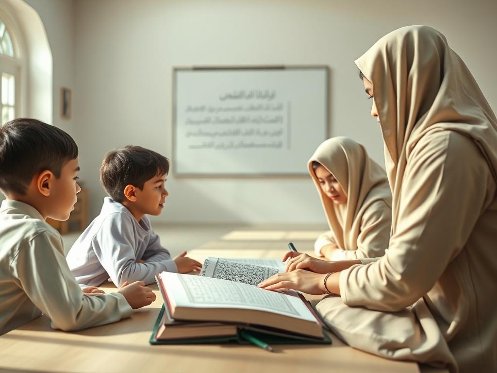 A serene classroom with a teacher guiding students in Quranic studies, with soft, peaceful lighting and a welcoming atmosphere.