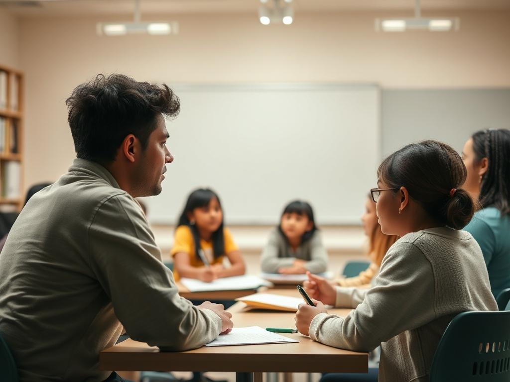 A classroom setting with students engaged in a lesson, showcasing diverse backgrounds, with soft lighting and warm colors.