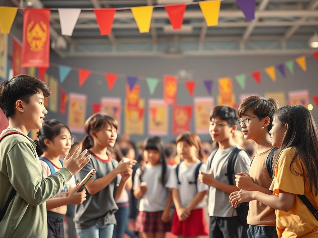 A vibrant scene showcasing students engaged in various extracurricular activities, such as sports, arts, and cultural events. The background includes colorful banners and an atmosphere of enthusiasm and teamwork.