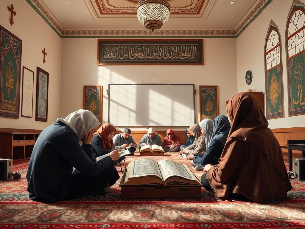A serene classroom setting focusing on Islamic studies, showing students reading the Quran and discussing Islamic teachings. The environment is peaceful, with Islamic art on the walls and a sense of community among the students.