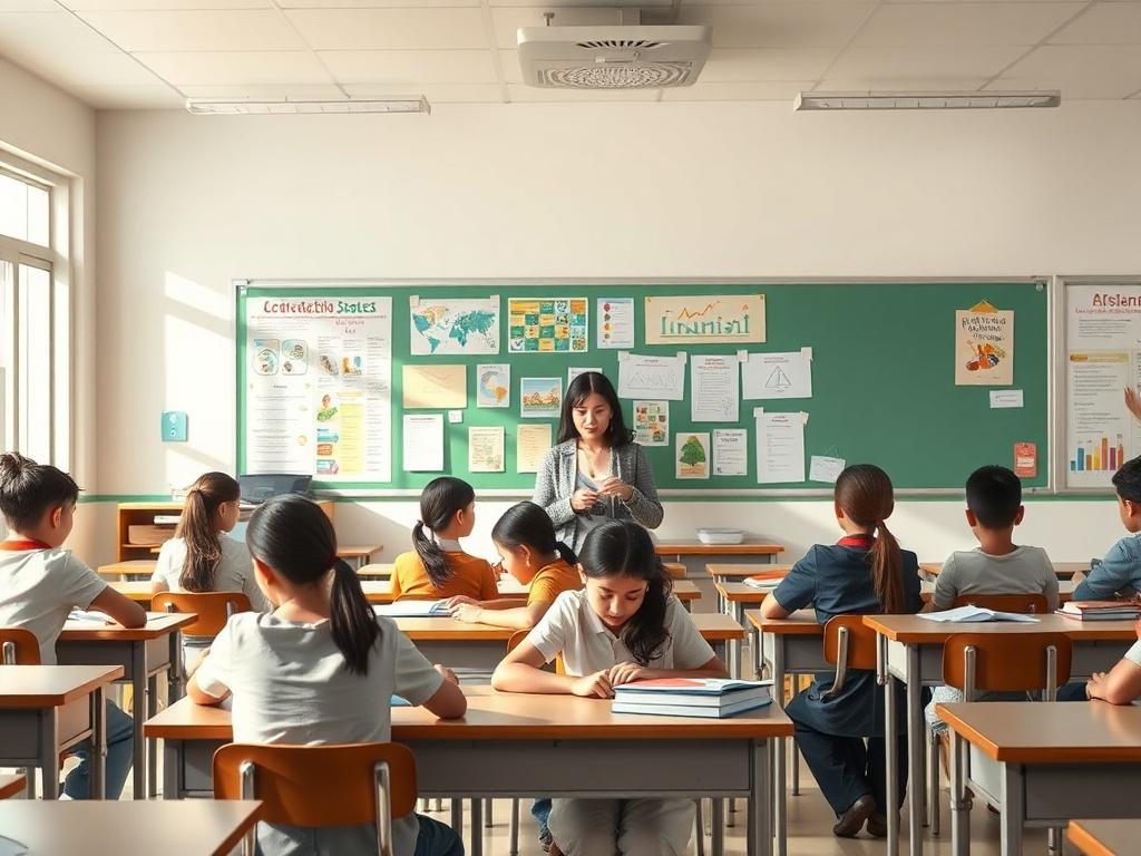 A classroom scene with students engaged in a Western education curriculum, showcasing diversity and inclusivity. The setting features desks, educational posters on the walls, and a teacher actively engaging with students, creating a vibrant and interactive learning environment.