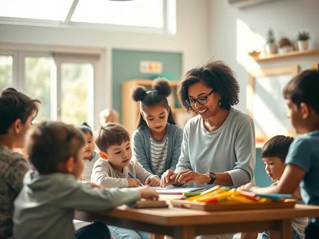 A peaceful classroom setting with a diverse group of children