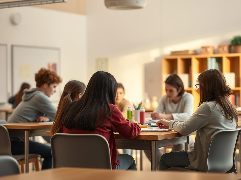 A serene classroom scene featuring diverse students engaged in collaborative