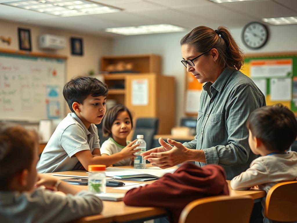 A warm and inviting classroom with a dedicated teacher interacting