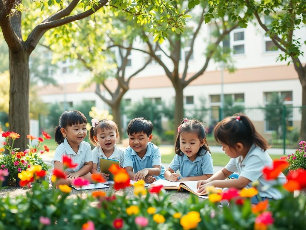 A serene school environment showcasing children engaged in learning activities