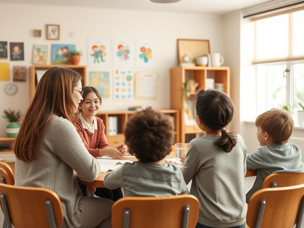 A cozy parent teacher conference setting with parents and teachers
