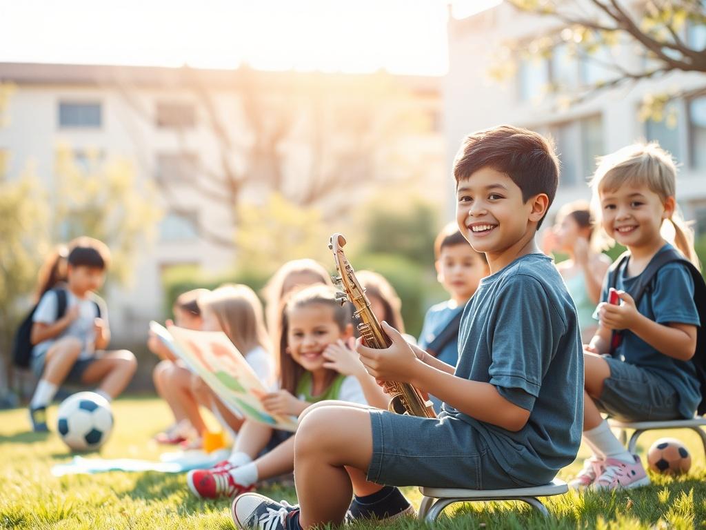 A vibrant outdoor scene with students engaged in various extracurricular