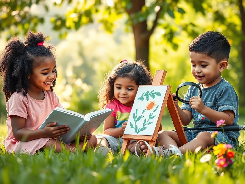 Create a realistic high-resolution photo that reflects the theme of "The Importance of Holistic Education." The composition should be simple and clear, featuring a single subject: a diverse group of three children (one Caucasian, one African-American, and one Hispanic) sitting in a peaceful outdoor classroom environment. Each child is engaged in different educational activities that represent various aspects of holistic education—one is reading a book, another is painting on an easel, and the third is obser