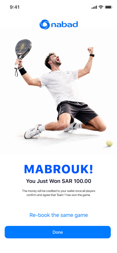 NABAD app interface showing account balance, game stats, and upcoming games