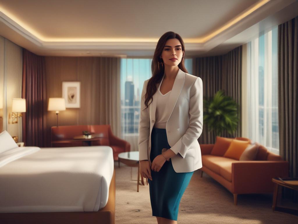 A stunning young woman, elegantly dressed, standing confidently in an