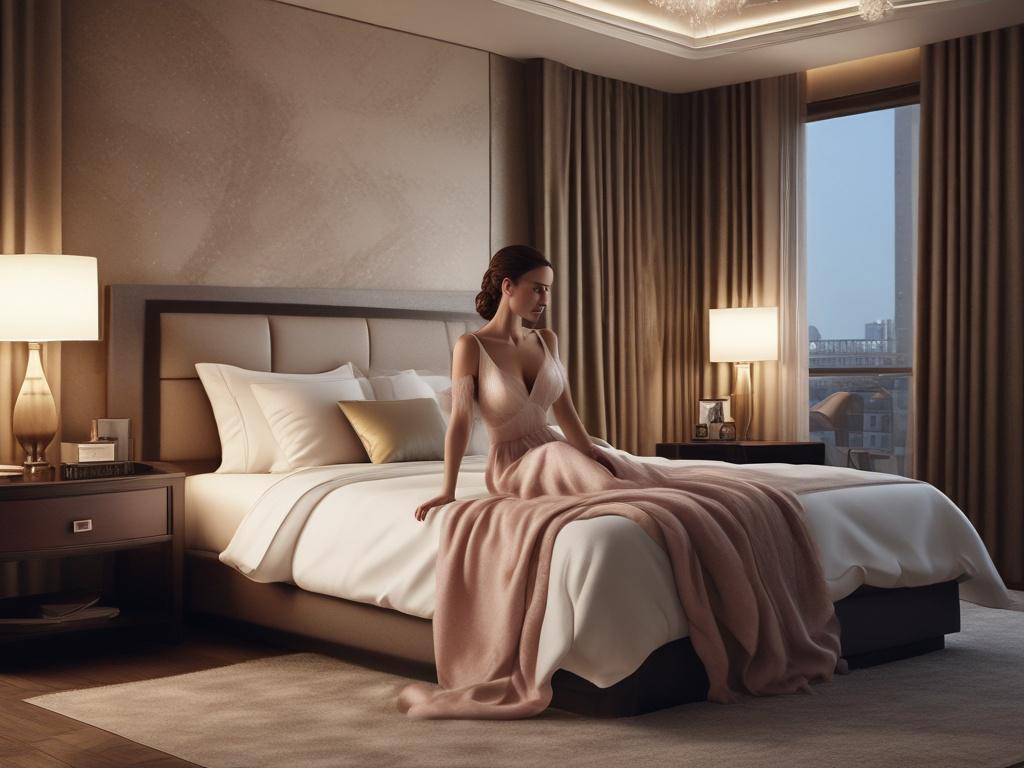 A beautiful, elegant woman in a luxurious hotel room, wearing
