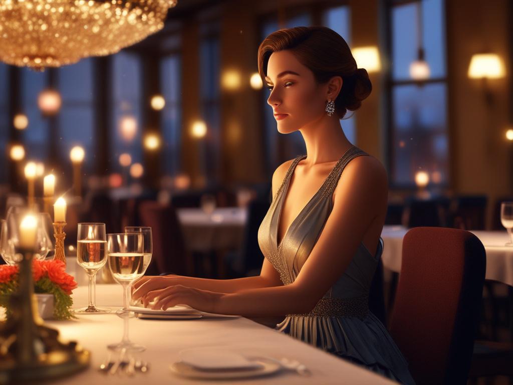 A glamorous woman in a luxurious evening gown, elegantly seated