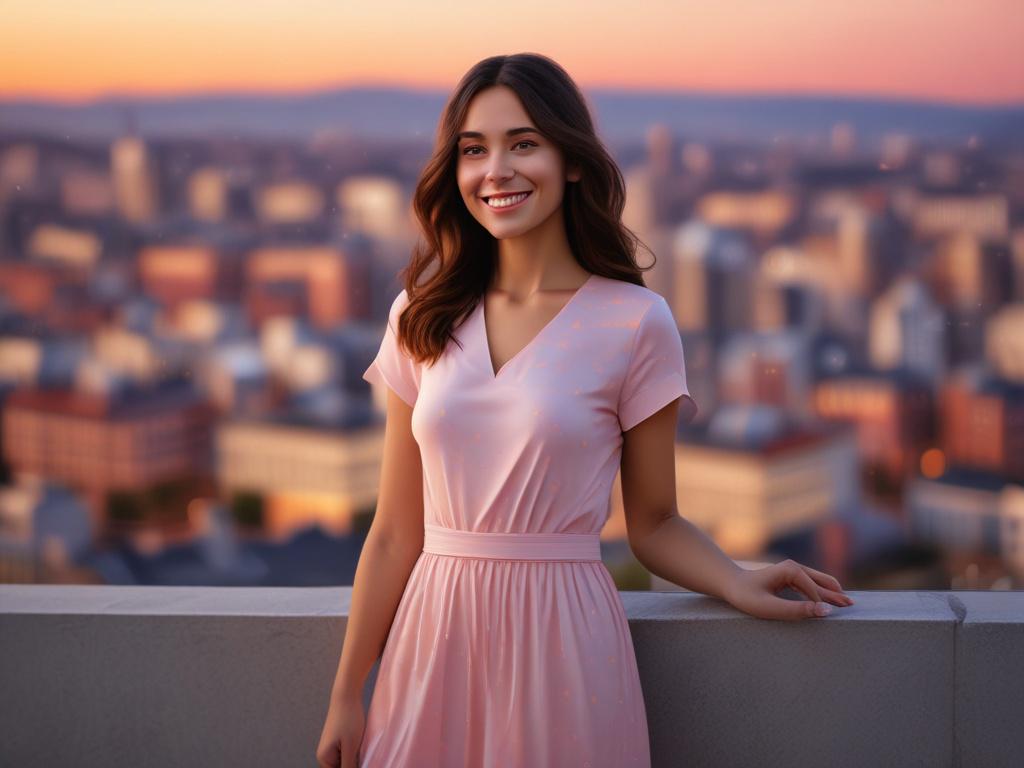 A beautiful young woman in a stylish dress standing confidently,