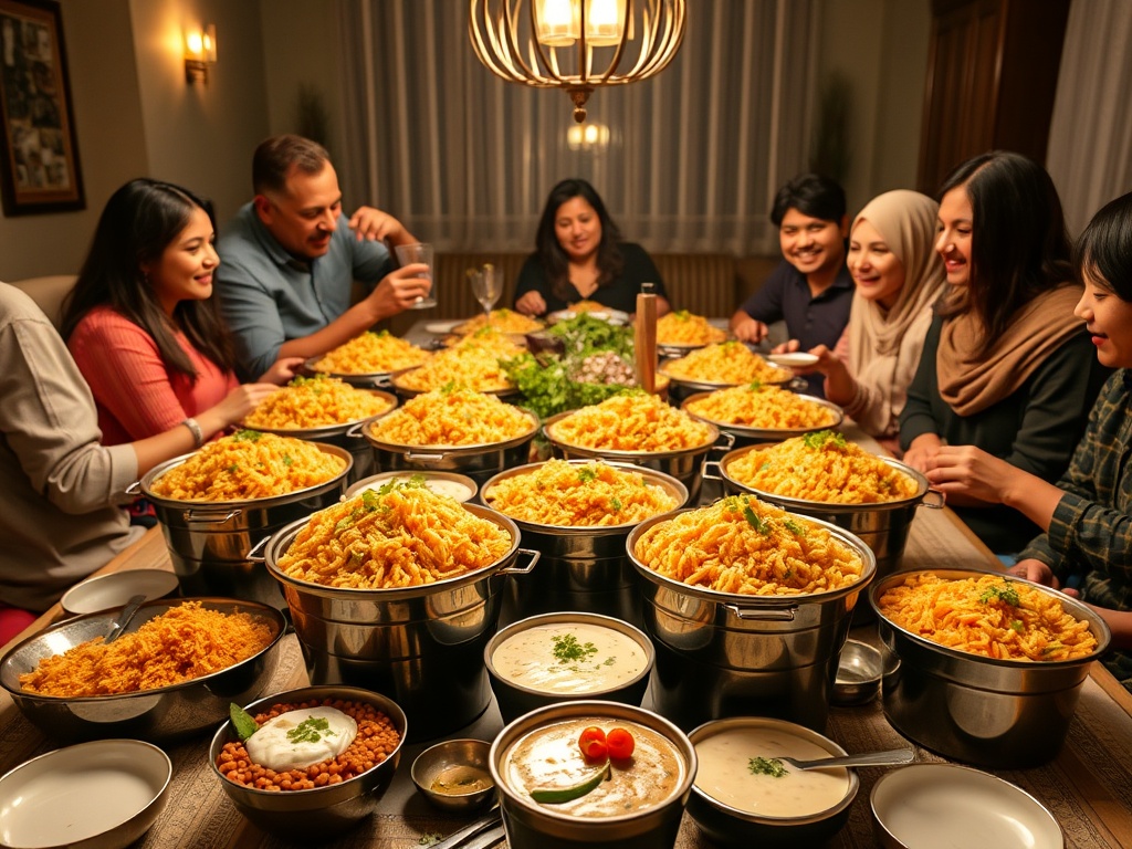 Family gathering enjoying bucket biryani feast spread with multiple sealed buckets and side dishes