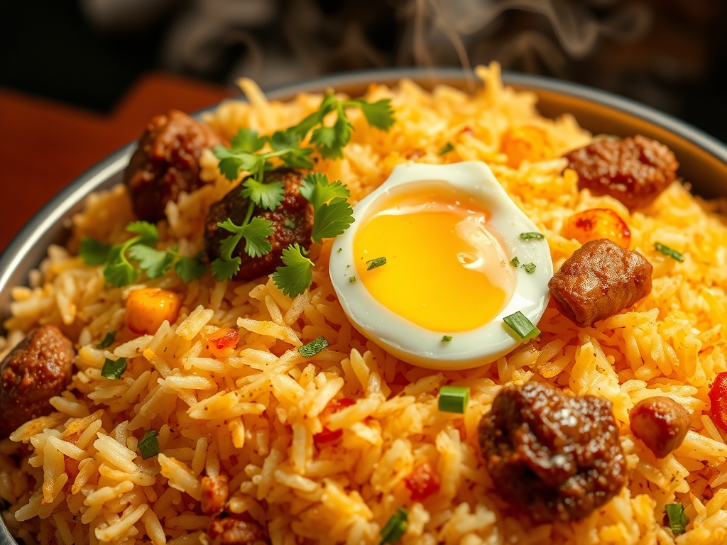 Close-up detail of perfectly cooked biryani with individual grains, meat pieces, and fresh garnish
