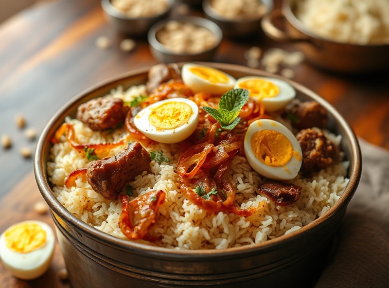 Fresh steaming bucket of Hyderabadi biryani with mint garnish