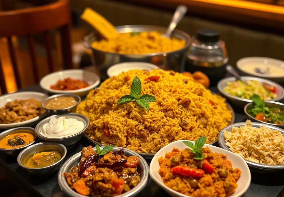 Family-style biryani feast spread with raita and side dishes