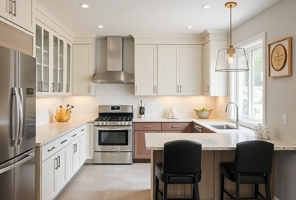 Kitchen remodeling project with new cabinets and flooring