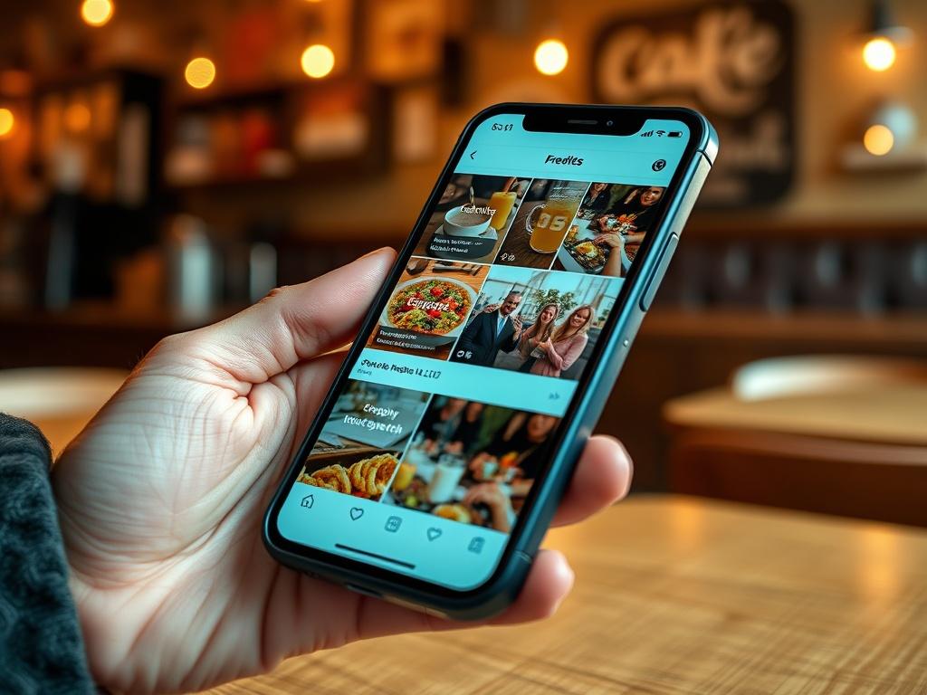 A high-resolution close-up shot of a smartphone displaying an engaging social media feed for a café, featuring eye-catching posts of food, drinks, and customer interactions. The background should include elements of a trendy café environment that highlight its atmosphere.