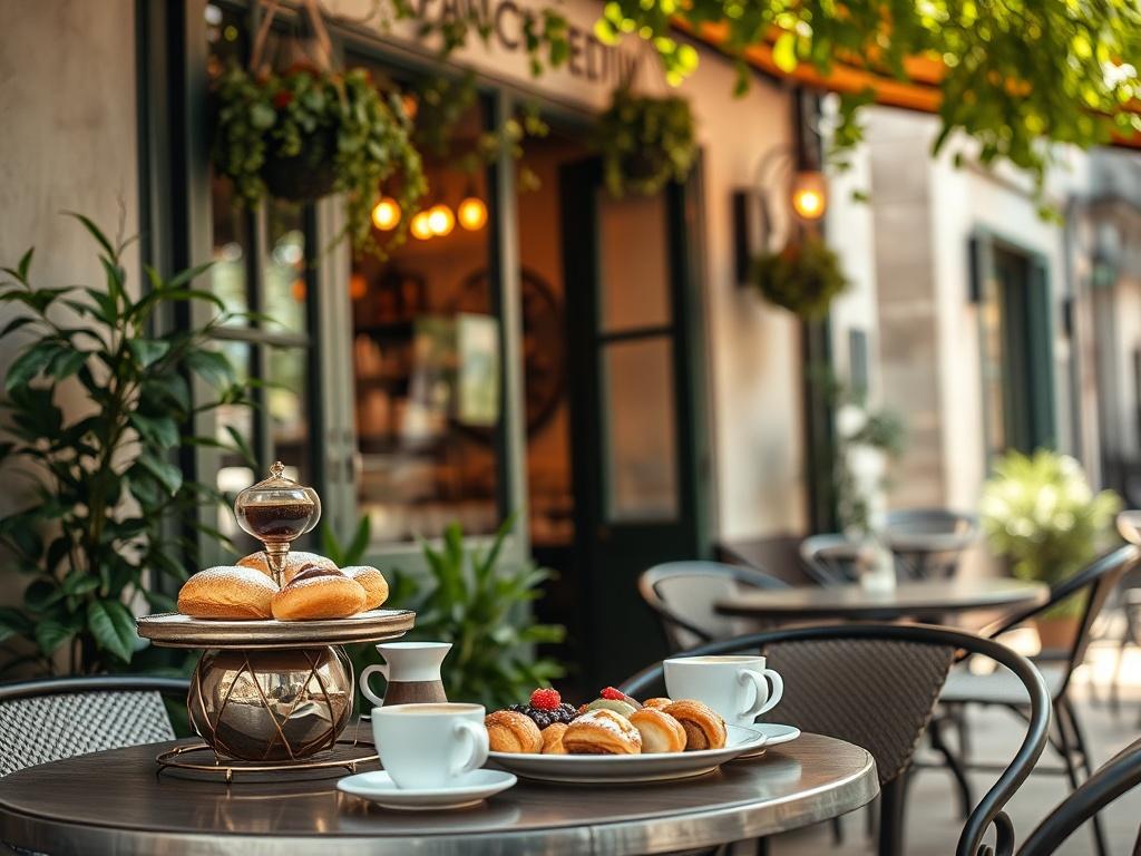 Create a realistic high-resolution photo featuring a single vibrant café scene that embodies the essence of "Boosting Footfall: Strategies for Cafés and Bars." The composition should focus on a beautifully arranged outdoor café table with an inviting display of tempting pastries and steaming coffee cups. The table should be set against a warm, cozy backdrop of the café's façade, adorned with greenery, hanging plants, and soft lighting to evoke a sense of comfort and appeal. 

The image should be captured in