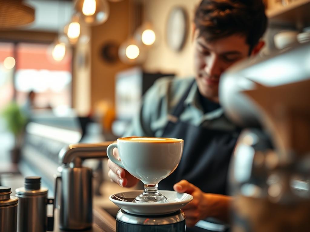 A close-up shot of a vibrant café scene, showcasing a barista at work, preparing a latte art. The background is softly blurred, emphasizing the barista's skill and the inviting atmosphere of the café. The lighting is warm and natural, creating a cozy ambiance. The image is shot with a 45mm f/1.2 lens style, capturing the essence of a bustling café environment.