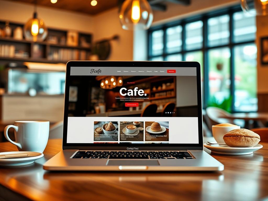 A clean, modern digital workspace showing a laptop displaying a cafe website design. The background features a vibrant café environment with coffee cups and pastries on a wooden table, highlighting a welcoming atmosphere. The lighting is warm and inviting, emphasizing the cozy feel of a café.