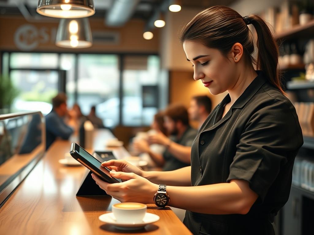 An engaging café scene with a barista working on a tablet, showcasing social media engagement. The background includes customers enjoying their coffee, with a focus on lively interactions. The lighting is bright, capturing the essence of a busy café environment.