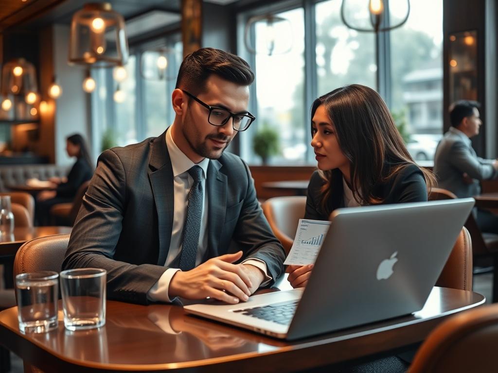 A sophisticated café interior featuring a business meeting in progress. The focus is on a well-dressed professional discussing digital strategies with a laptop open, displaying analytics. The ambiance is upscale, reflecting a high-end café experience.