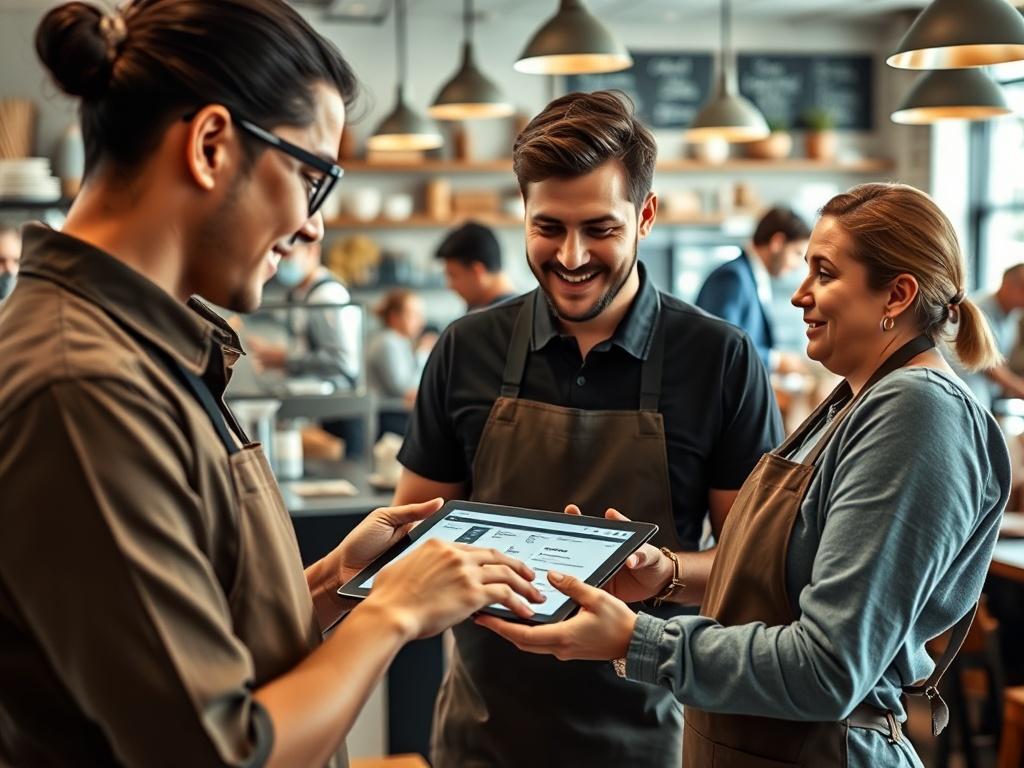 A close-up shot of a café team engaging in a training session, with a focus on a staff member presenting digital tools on a tablet. The background shows an organized and bustling café environment, filled with happy customers and a sense of teamwork, reflecting a positive work culture.