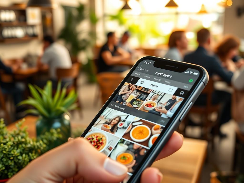 A close-up shot of a smartphone displaying a vibrant social media feed for a café. The screen shows beautifully styled images of food, drinks, and patrons enjoying their time. The background features a lively café setting, filled with customers, greenery, and natural light, creating a warm and inviting atmosphere.