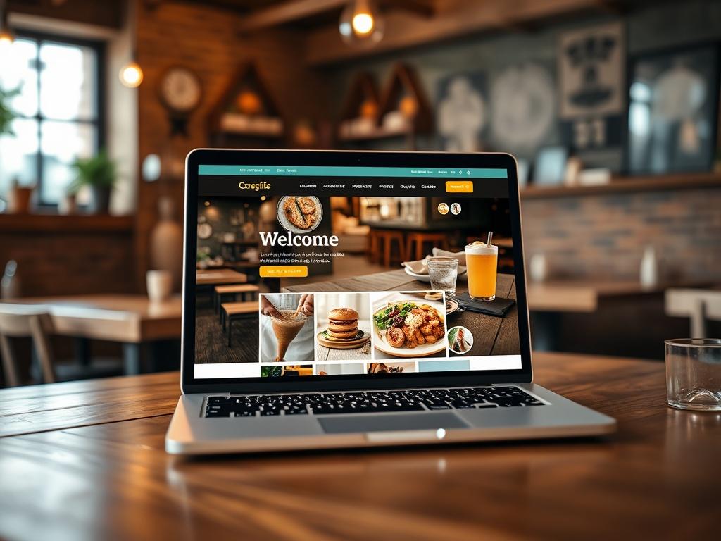 A close-up shot of a beautifully designed café website displayed on a laptop screen. The background shows a cozy café interior with warm lighting. The laptop is positioned on a wooden table, showcasing the website's attractive layout and vibrant images of food and drinks, reflecting a welcoming atmosphere.