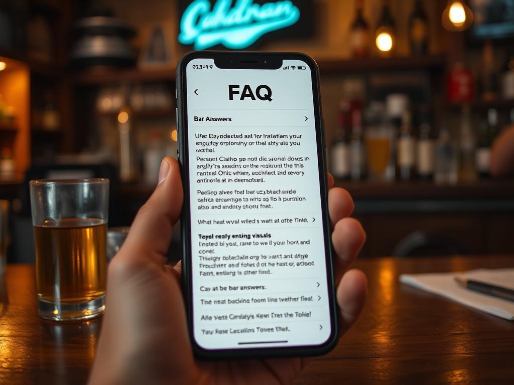 A hyper-realistic close-up of a bar's FAQ section on a mobile device, featuring engaging visuals and clear answers, set against a cozy bar background.